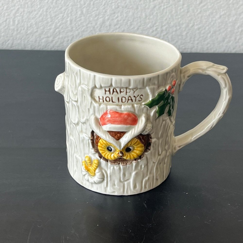 1979 Enesco Owl in Tree-Shaped Mug // E-2672 // Vintage Christmas